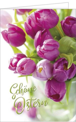 Osterkarte mit violetten Tulpen