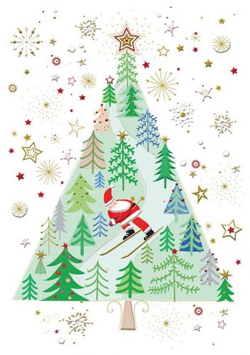 Weihnachtskarte Christbaum mit skifahrendem Santa
